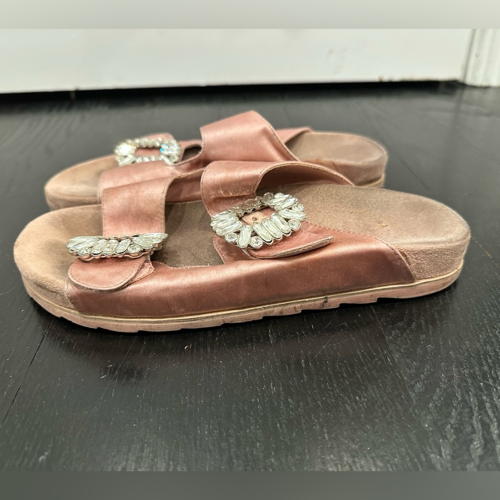 Sandal Buckle Rhinestone Inspired Flat Open Toe Strap Slide Slipper - Picture 5 of 8